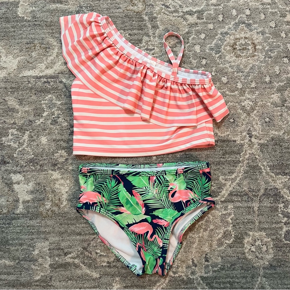 Ruffle Butts Flamingo Tankini Ruffled One-Shoulder top ruffled back bottom 4T